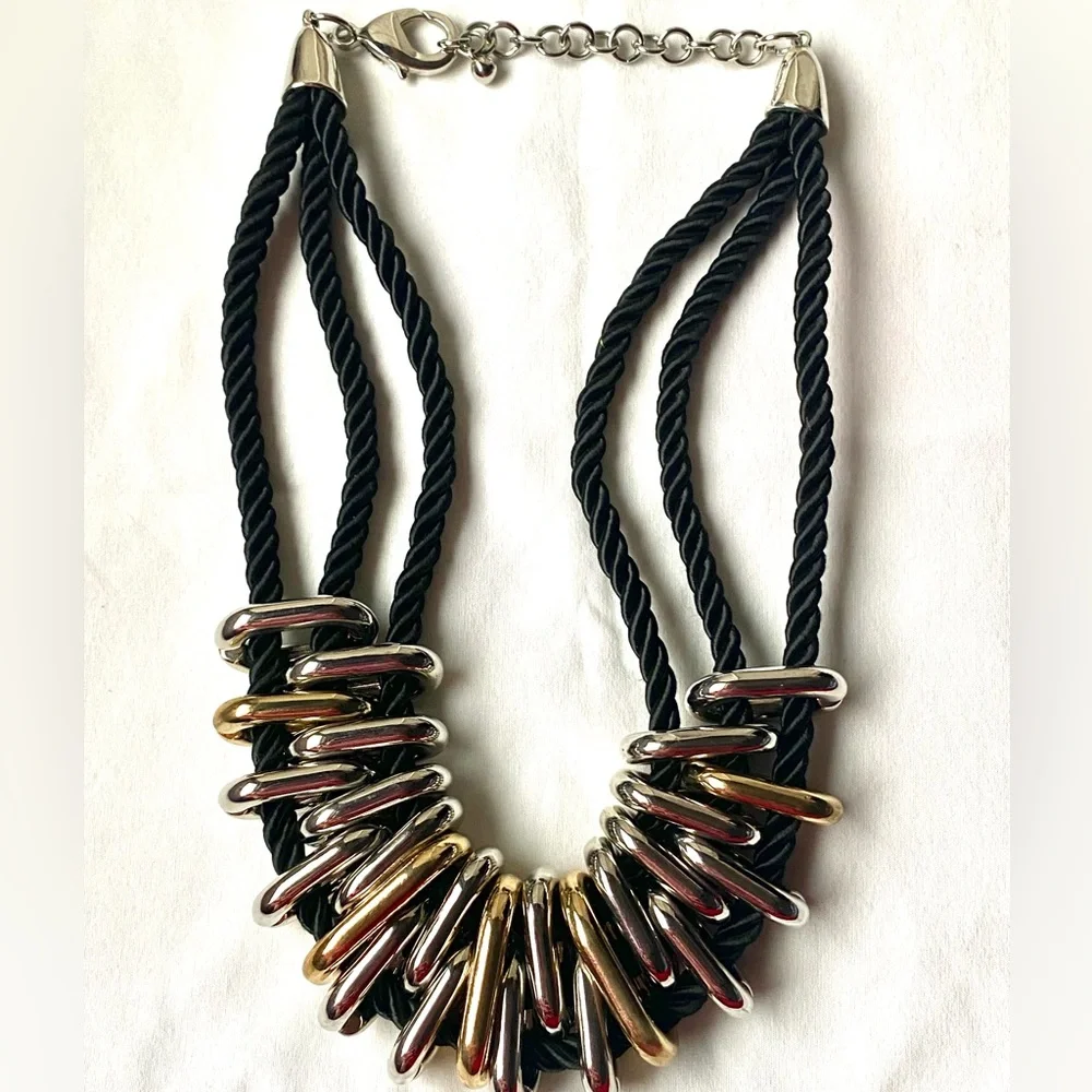 Statement Chunky Multi-Rope Strand Choker Necklace Silver and Gold Metal Rings